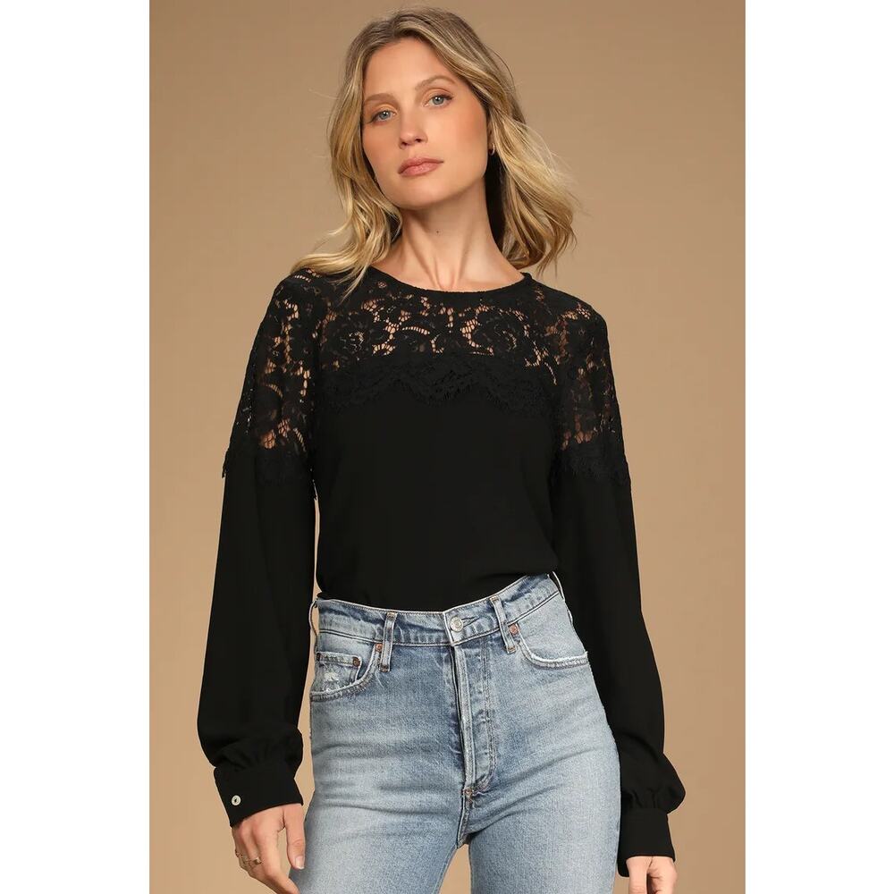 Lulus Picture This Black Long Sleeve Lace Button-Back Top Women's Size Small